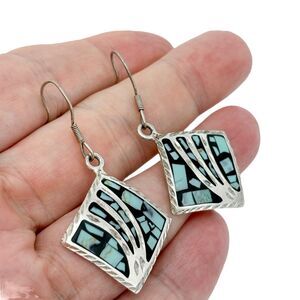 Estate Mexico Sterling Silver 925 Dyed Blue Magnesite Inlay Dangle Earrings